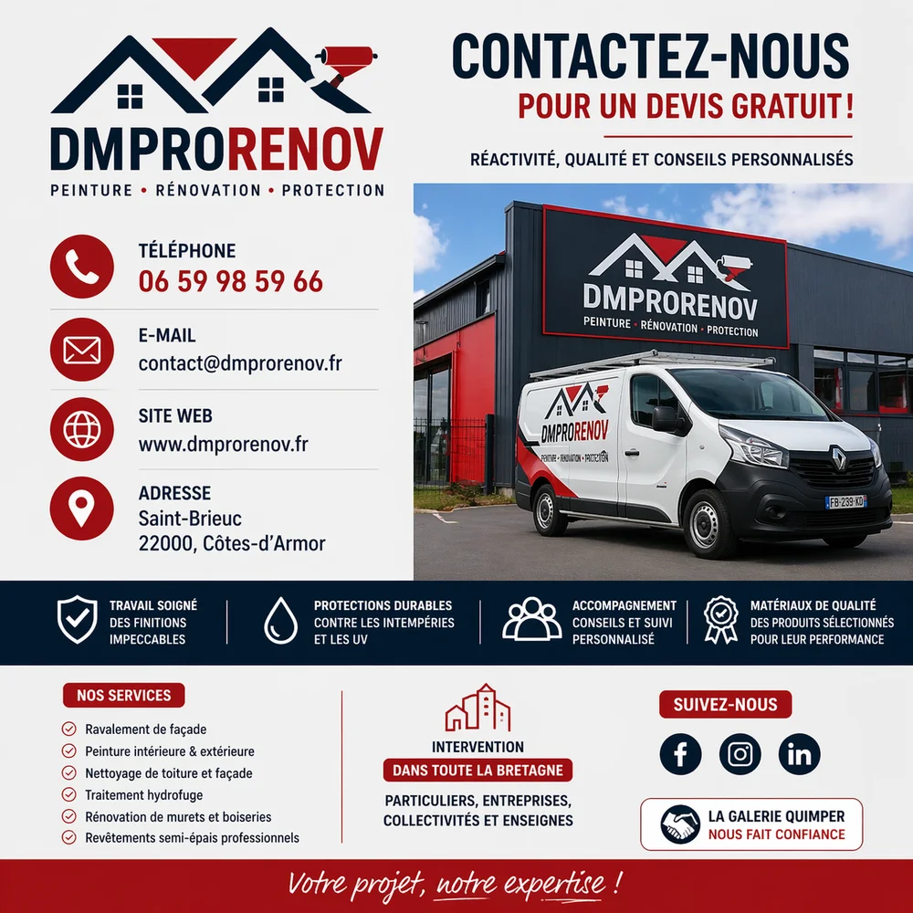 Contact DMPRORENOV à Saint-Brieuc – Devis gratuit peinture et rénovation Contact entreprise DM PRORENOV à Saint-Brieuc avec téléphone, email et services de peinture et rénovation