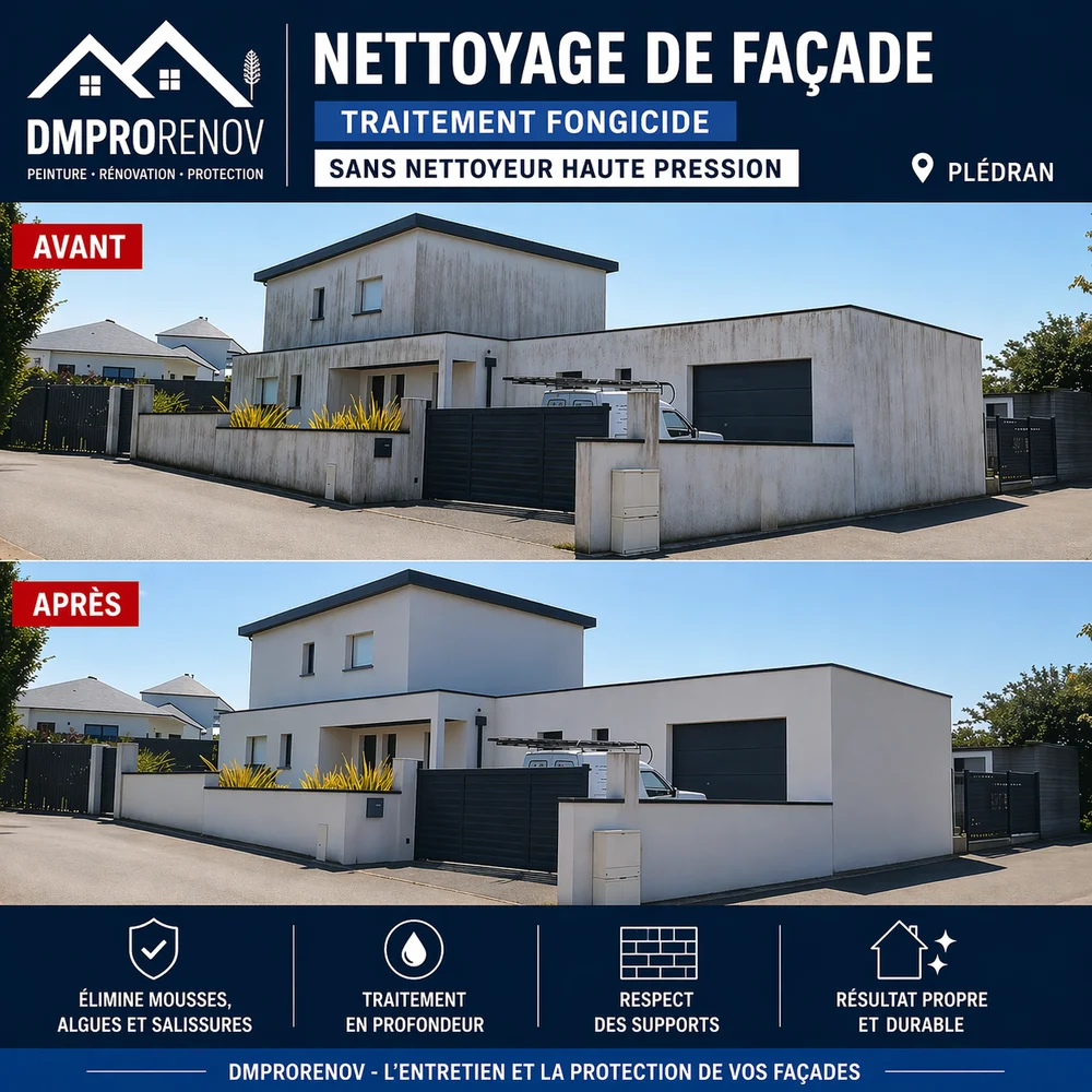 NETTOYAGE FACADE PLEDRAN Nettoyage façade à Plédran – Traitement fongicide sans haute pression Nettoyage de façade avant après à Plédran sans haute pression avec traitement fongicide et protection durable