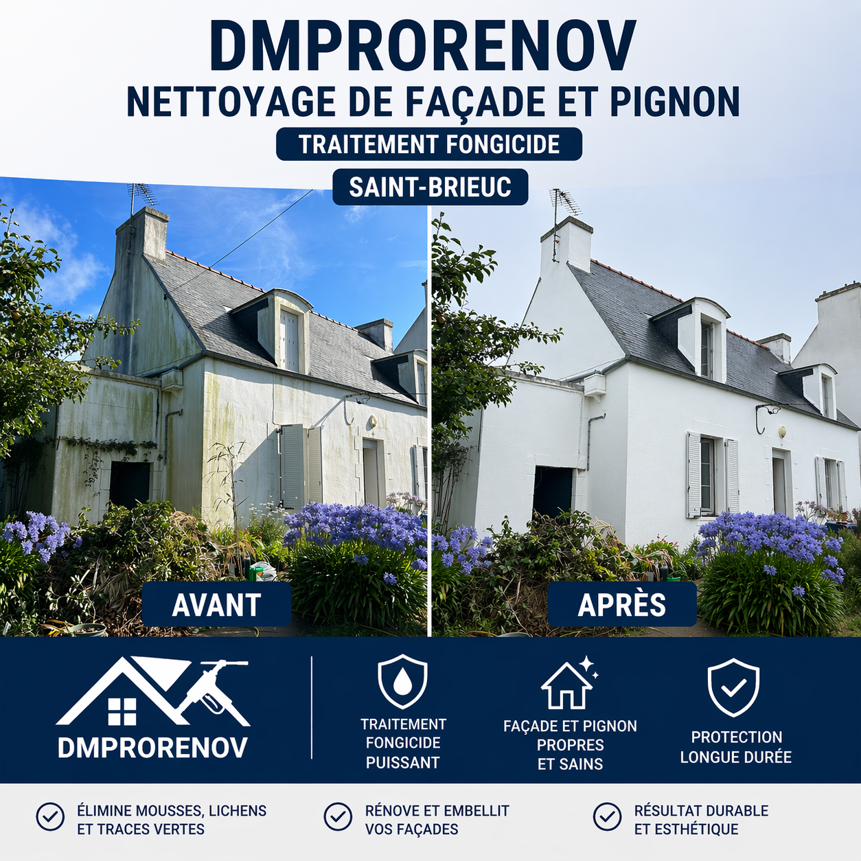 Nettoyage façade et pignon à Saint-Brieuc – Traitement fongicide avant après Nettoyage façade et pignon avant après à Saint-Brieuc avec traitement fongicide anti-mousse et protection durable