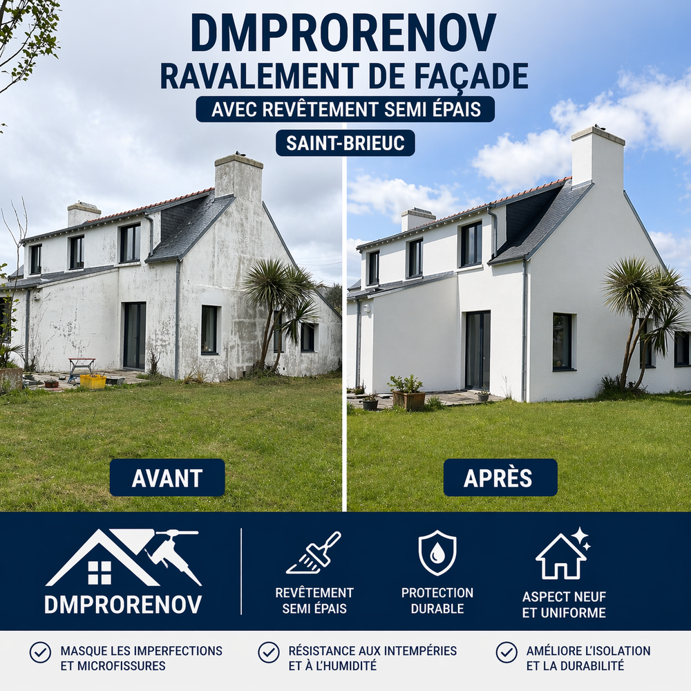 Ravalement de façade avant après à Saint-Brieuc avec revêtement semi épais et finition durable