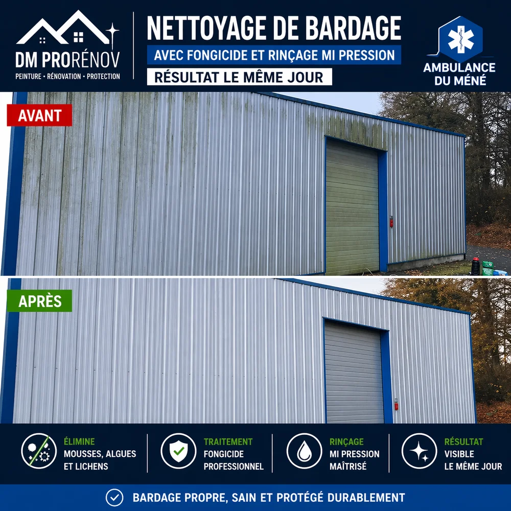 Nettoyage de bardage métallique à Saint-Brieuc – Avant après avec traitement fongicide Nettoyage de bardage industriel avant après à Saint-Brieuc avec traitement fongicide et rinçage basse pression