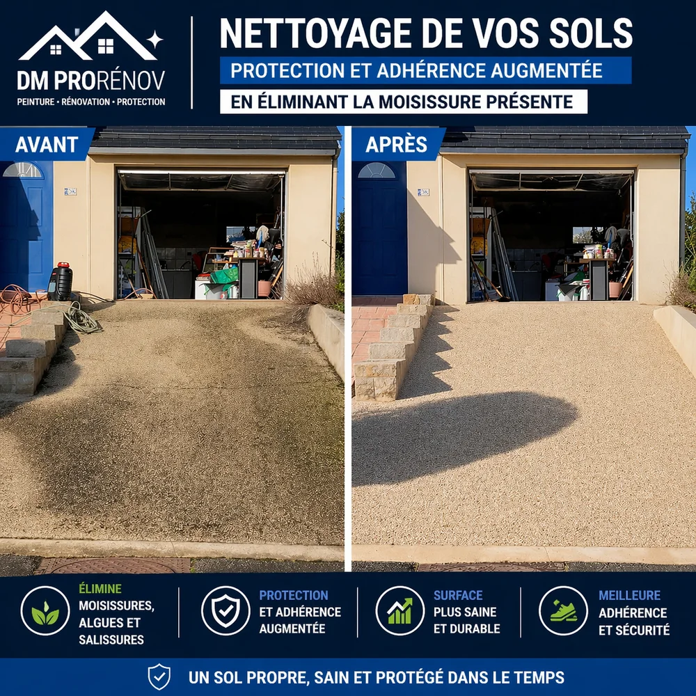 Nettoyage de sol extérieur à Saint-Brieuc – Terrasse et allée avant après Nettoyage de sol extérieur avant après à Saint-Brieuc avec élimination des mousses et amélioration de l’adhérence