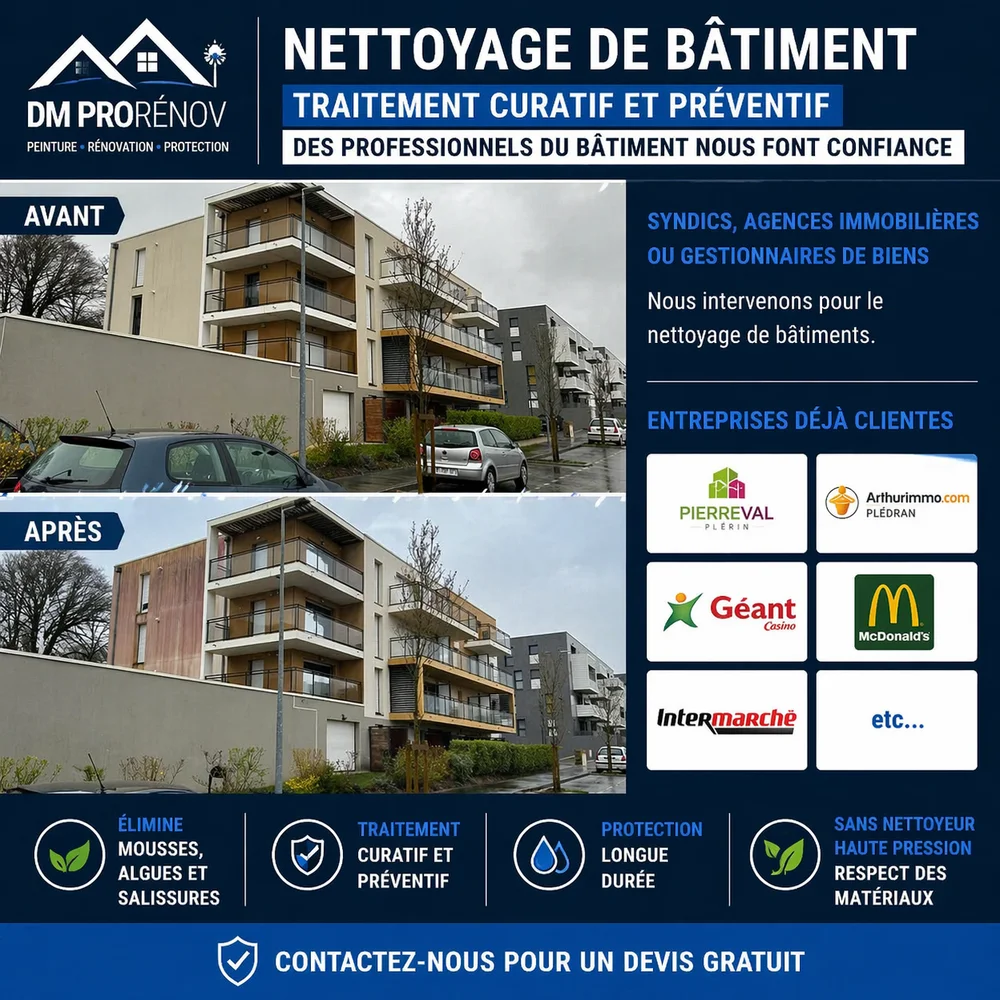 Nettoyage de bâtiment à Saint-Brieuc – Traitement façade avant après en Côtes-d’Armor Nettoyage de façade d’immeuble avant après à Saint-Brieuc avec traitement anti-mousse et protection durable