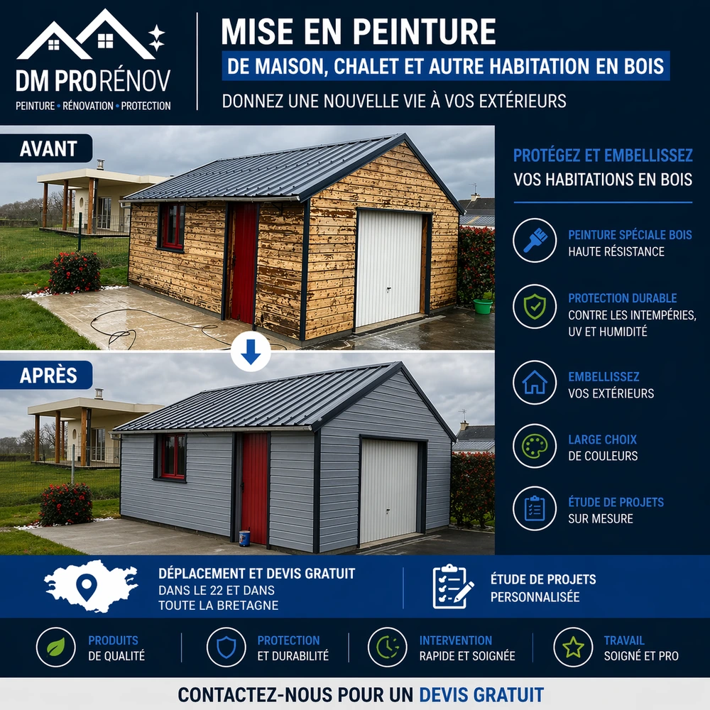 peintre a pledran Peinture maison bois à Plédran – Rénovation chalet et bardage extérieur Peinture de maison en bois avant après à Plédran avec protection et finition durable extérieure