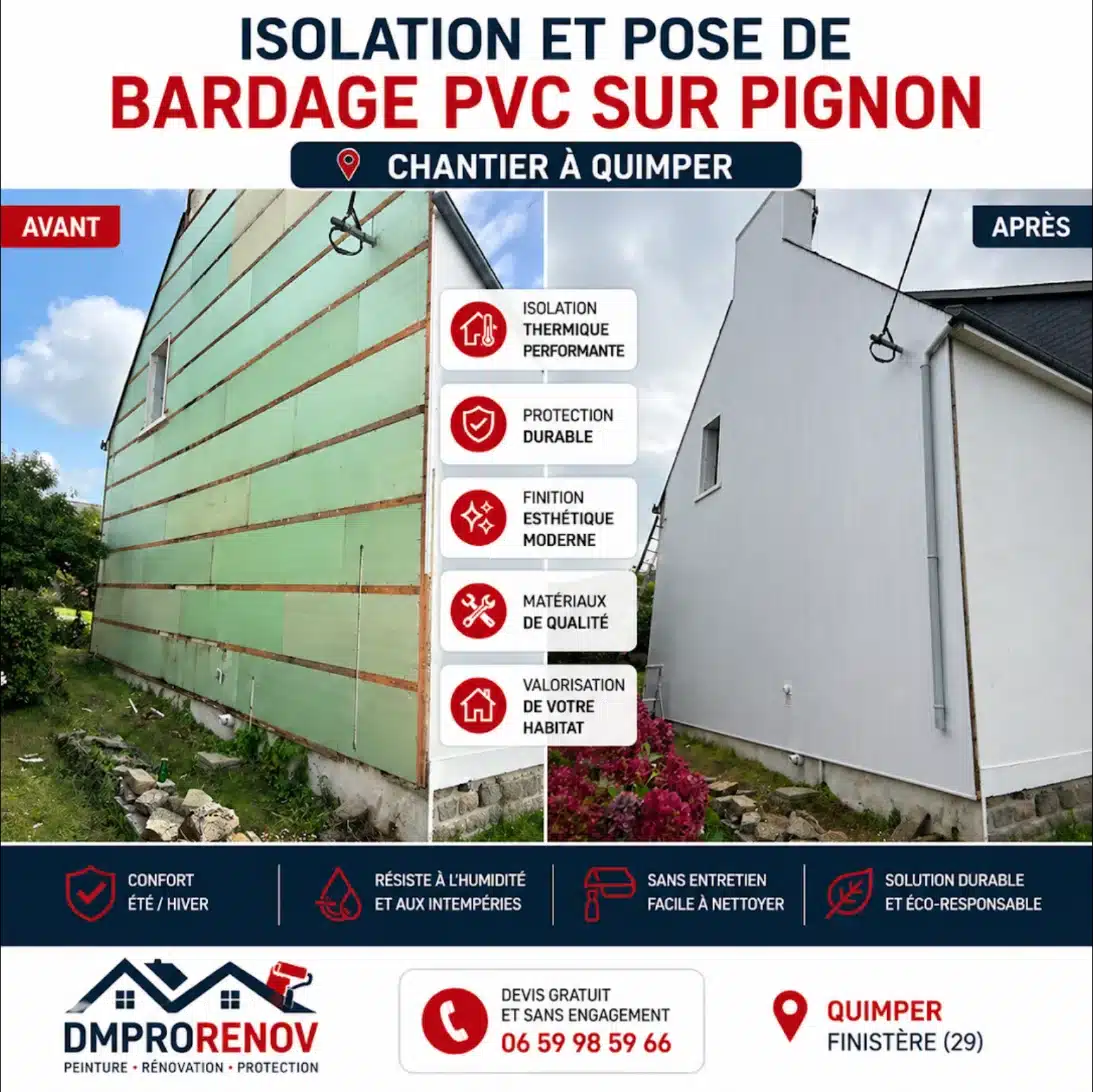 Isolation et pose de bardage PVC sur pignon à Quimper avant/après par DM PRORENOV
