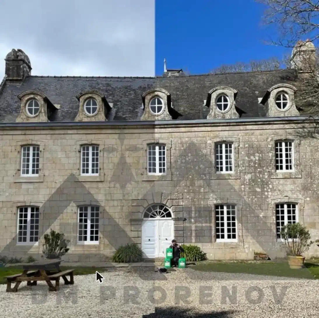 Nettoyage de façade d'un manoir à Pluguffan près de Quimper avant/après par DM PRORENOV