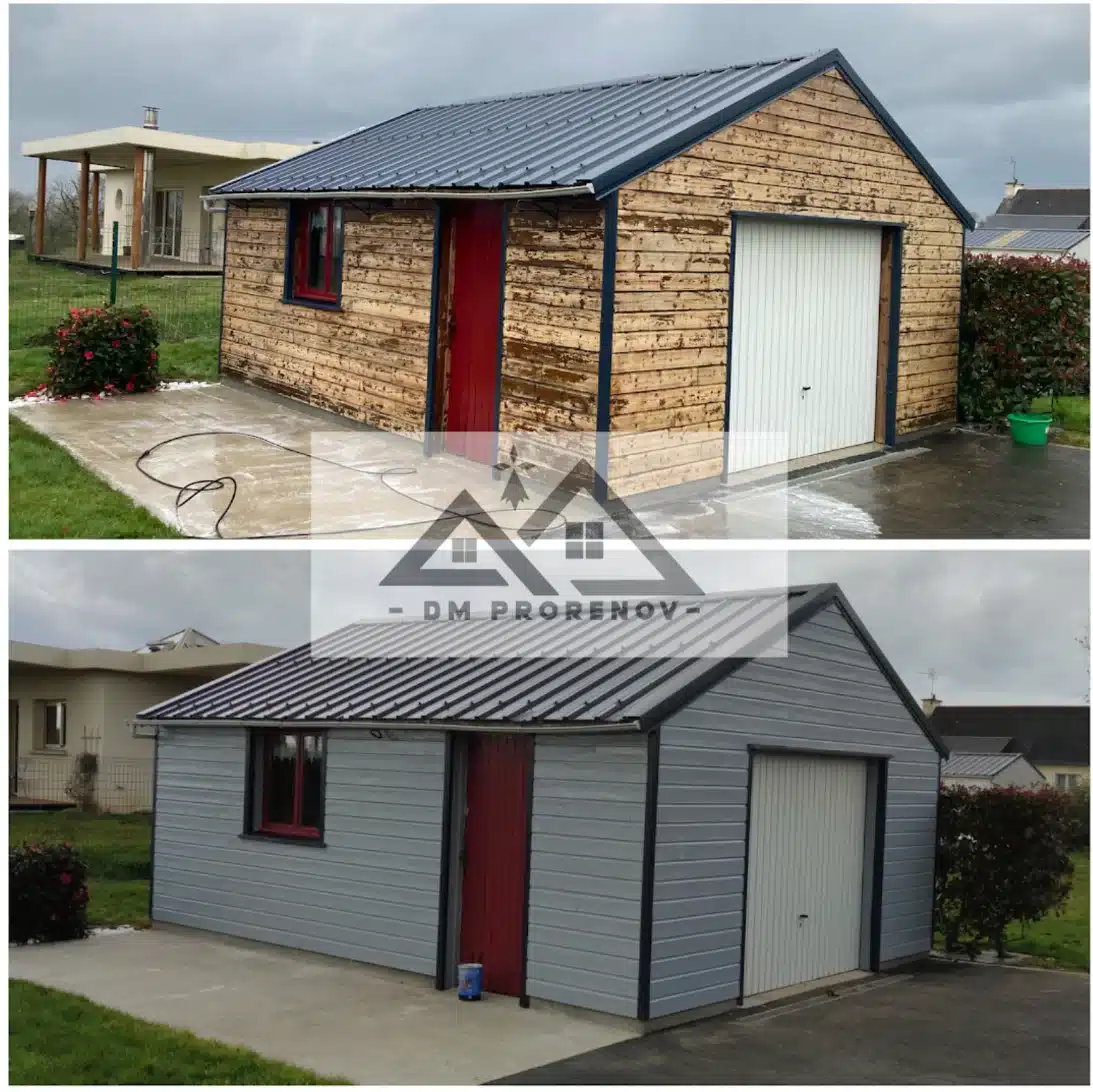 Peinture d'un garage en bardage bois avant/après par DM PRORENOV